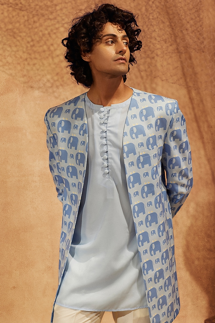 Light Blue Silk Elephant Printed Wedding Indowestern Set by Eleven Brothers at Pernia's Pop Up Shop