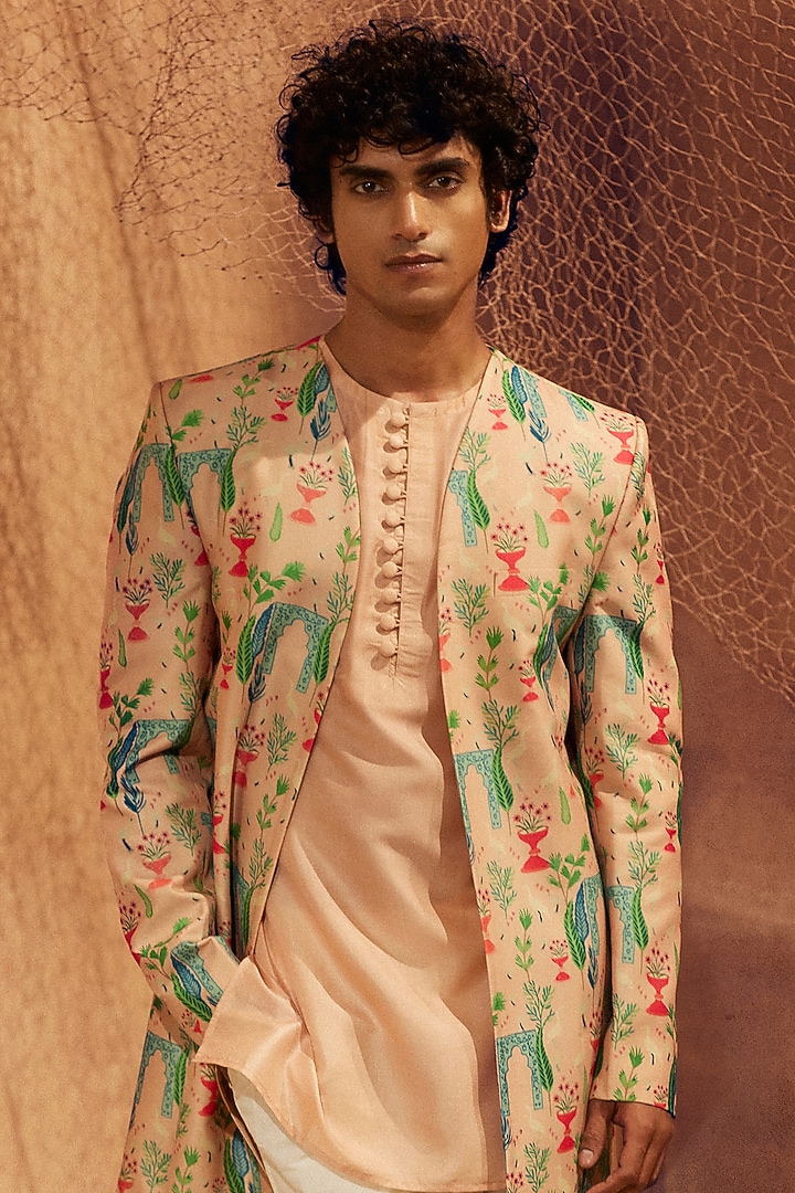 Pink Silk Printed Wedding Indowestern Set by Eleven Brothers at Pernia's Pop Up Shop