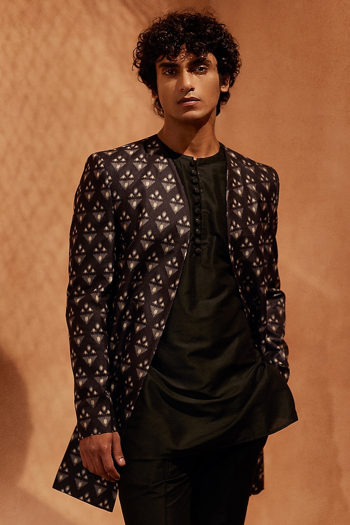 Black Silk Printed Indo-Western Set by Eleven Brothers