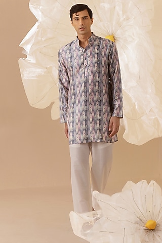 Pink & Grey Silk Printed Kurta by Eleven Brothers