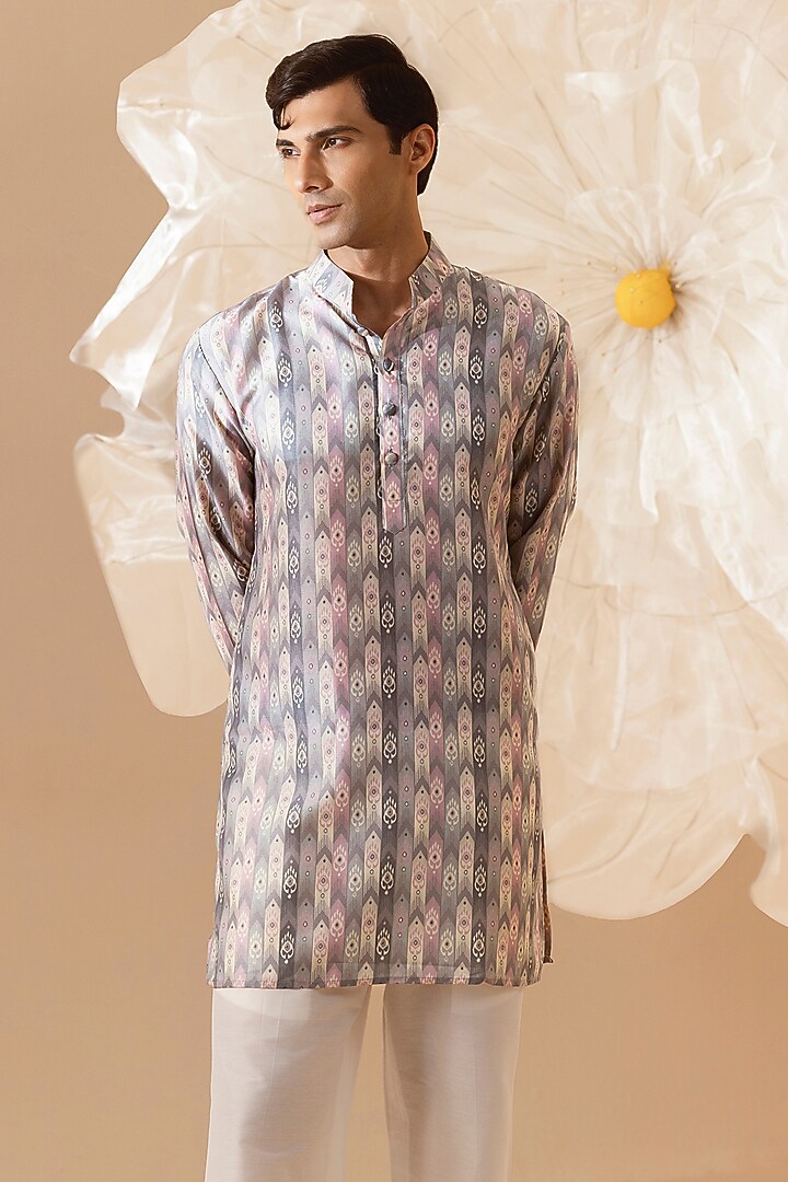 Pink & Grey Silk Printed Kurta by Eleven Brothers at Pernia's Pop Up Shop