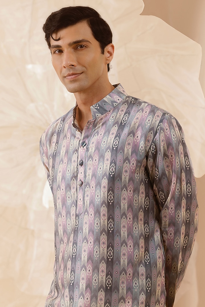 Pink & Grey Silk Printed Kurta by Eleven Brothers at Pernia's Pop Up Shop