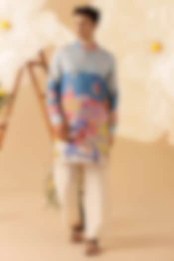 Blue Silk Printed Kurta by Eleven Brothers at Pernia's Pop Up Shop