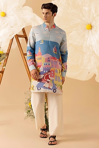 Blue Silk Printed Kurta by Eleven Brothers