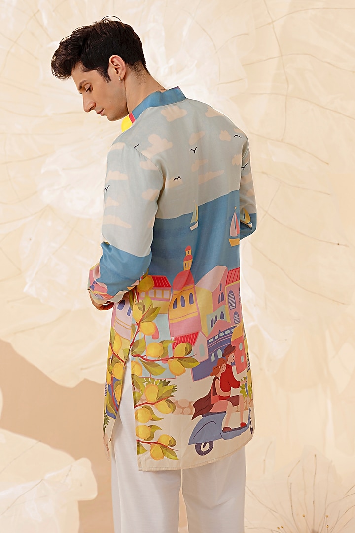 Blue Silk Printed Kurta by Eleven Brothers at Pernia's Pop Up Shop