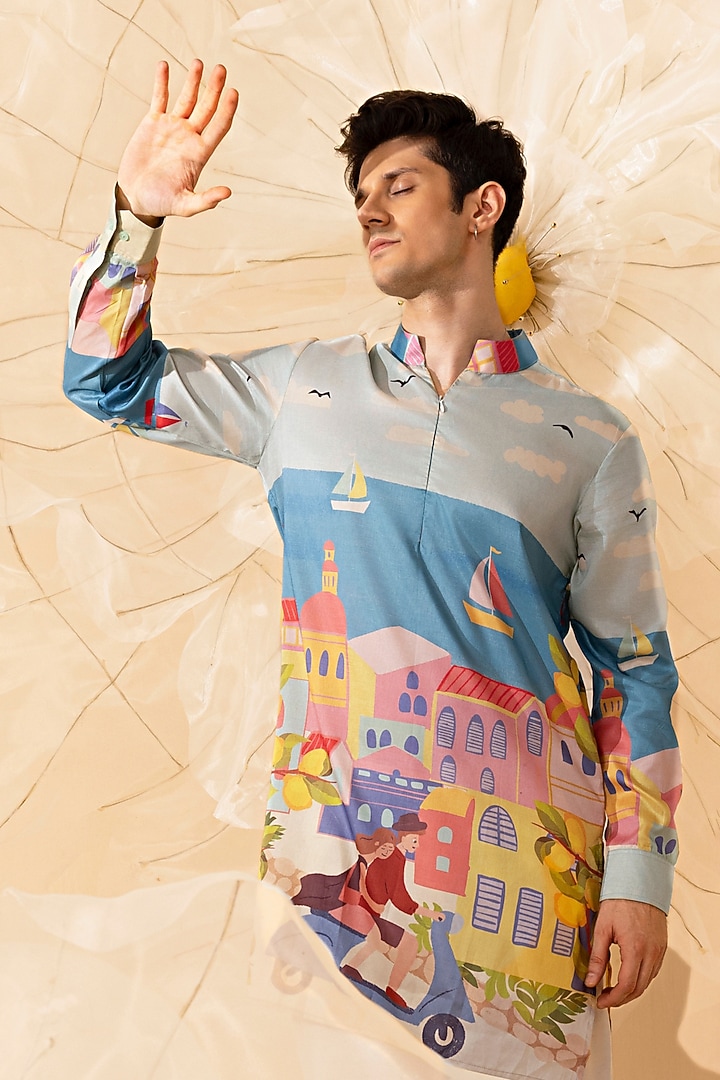 Blue Silk Printed Kurta by Eleven Brothers at Pernia's Pop Up Shop