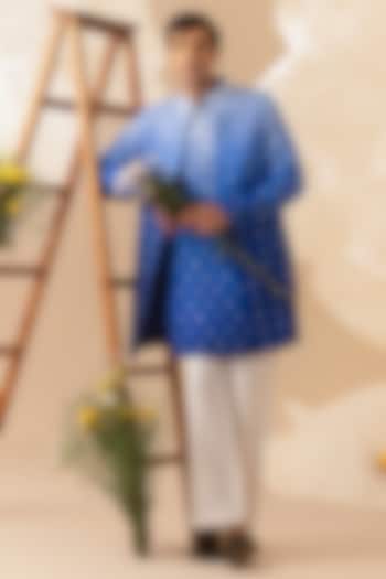 Blue Silk Mirror Hand Embroidered Nehru Jacket Set by Eleven Brothers at Pernia's Pop Up Shop