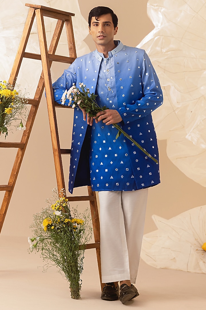 Blue Silk Mirror Hand Embroidered Nehru Jacket Set by Eleven Brothers at Pernia's Pop Up Shop