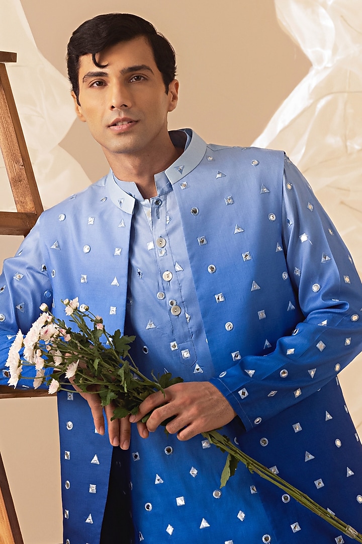 Blue Silk Mirror Hand Embroidered Nehru Jacket Set by Eleven Brothers at Pernia's Pop Up Shop