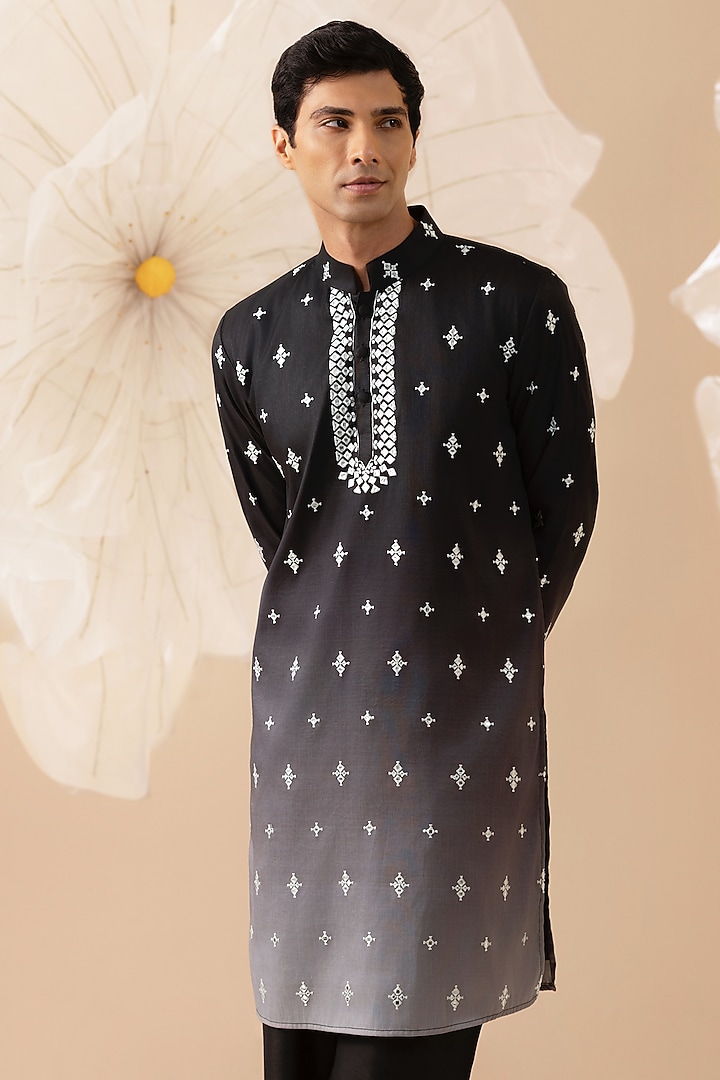 Black Silk Mirror Hand Embroidered Kurta Set by Eleven Brothers at Pernia's Pop Up Shop