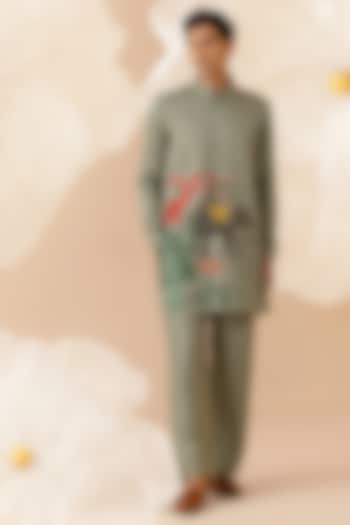 Green Silk Hand Embroidered Kurta Set by Eleven Brothers at Pernia's Pop Up Shop