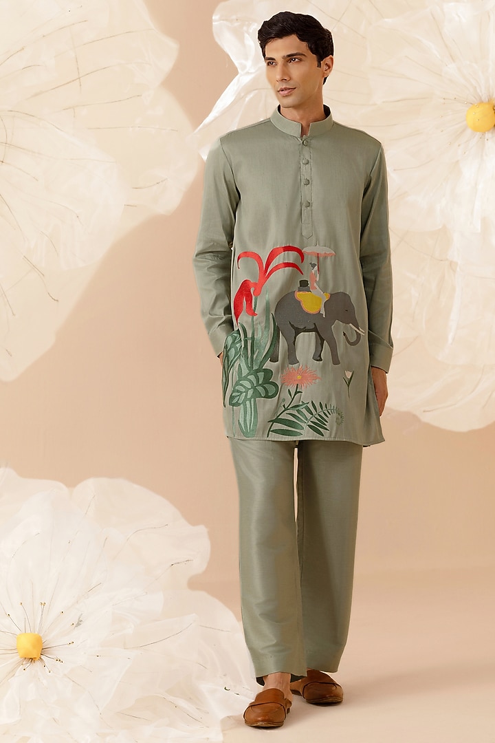 Green Silk Hand Embroidered Kurta Set by Eleven Brothers at Pernia's Pop Up Shop