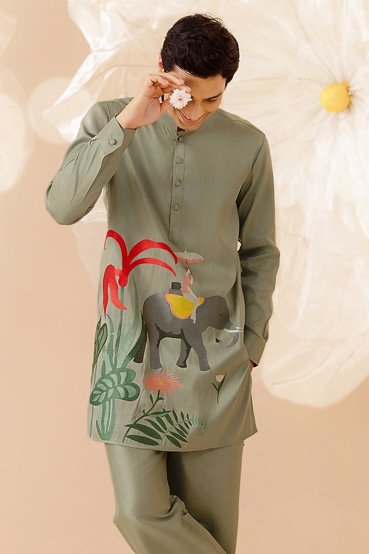 Green Silk Hand Embroidered Kurta Set by Eleven Brothers at Pernia's Pop Up Shop