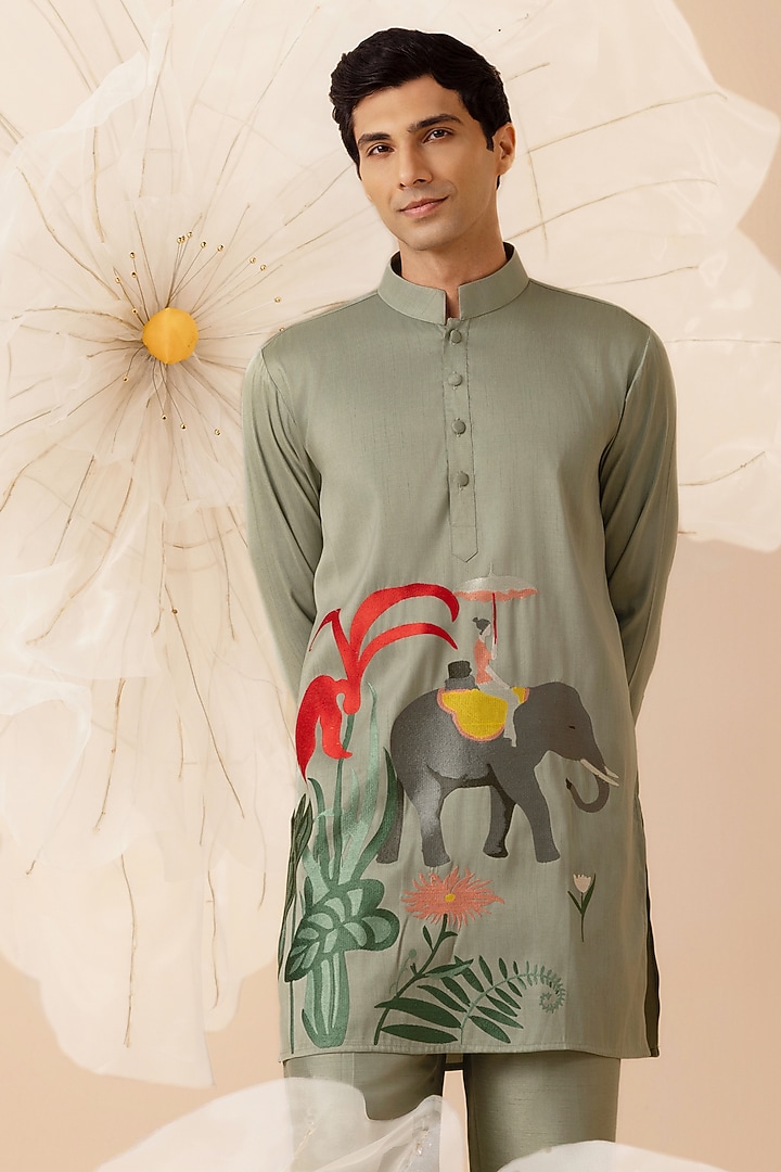 Green Silk Hand Embroidered Kurta Set by Eleven Brothers at Pernia's Pop Up Shop
