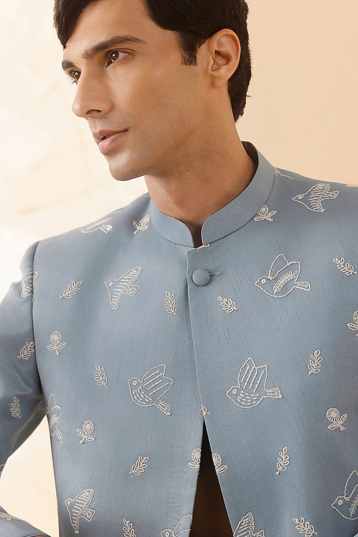 Blue Silk Hand Embroidered Jacket Set by Eleven Brothers at Pernia's Pop Up Shop