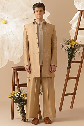 Beige Silk Hand Embroidered Jacket Set by Eleven Brothers