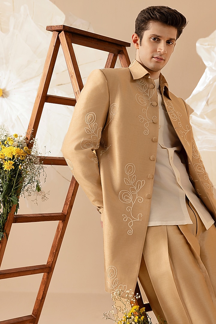 Beige Silk Hand Embroidered Jacket Set by Eleven Brothers at Pernia's Pop Up Shop