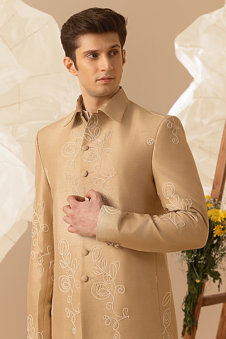 Beige Silk Hand Embroidered Jacket Set by Eleven Brothers at Pernia's Pop Up Shop