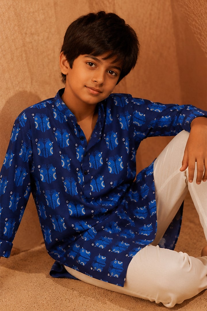 Blue Silk Printed Kurta Set For Boys by Eleven Brothers Kiids at Pernia's Pop Up Shop