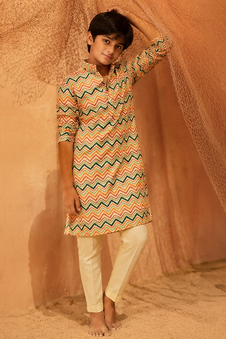 Beige Silk Printed Kurta Set For Boys by Eleven Brothers Kiids at Pernia's Pop Up Shop