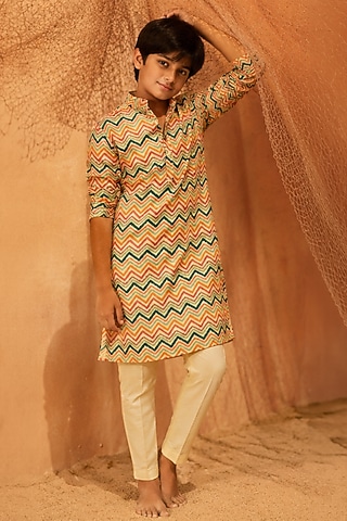 Beige Silk Printed Kurta Set For Boys by Eleven Brothers Kiids
