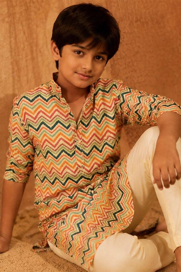 Beige Silk Printed Kurta Set For Boys by Eleven Brothers Kiids at Pernia's Pop Up Shop