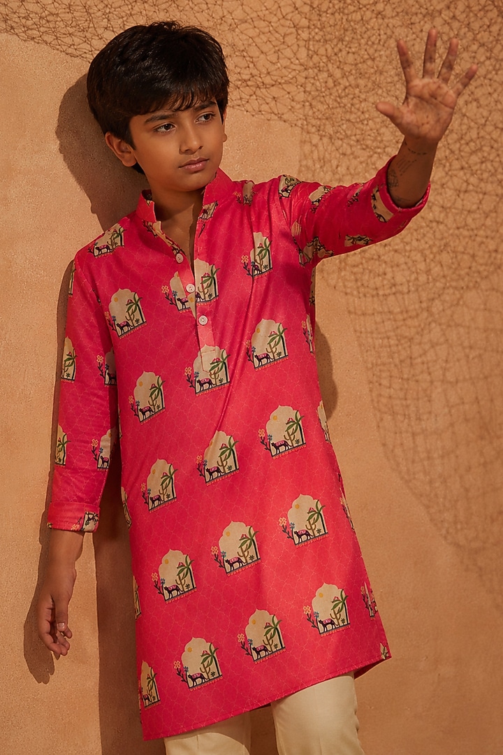 Pink Silk Printed Kurta Set For Boys by Eleven Brothers Kiids at Pernia's Pop Up Shop