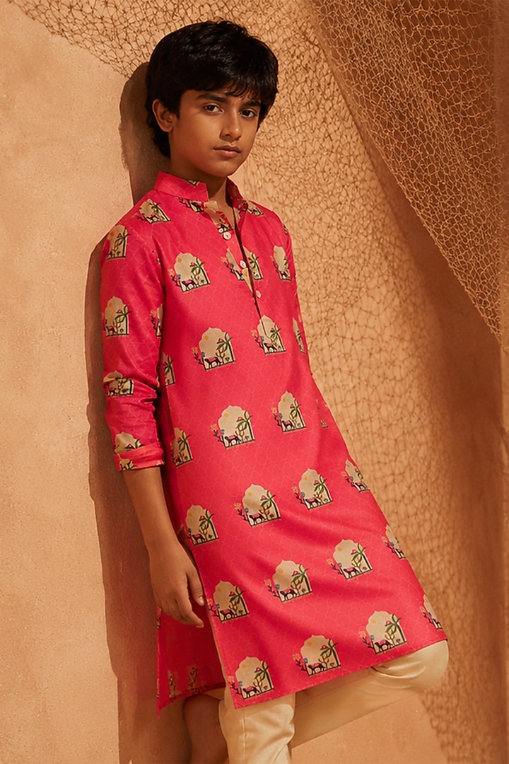 Pink Silk Printed Kurta Set For Boys by Eleven Brothers Kiids at Pernia's Pop Up Shop