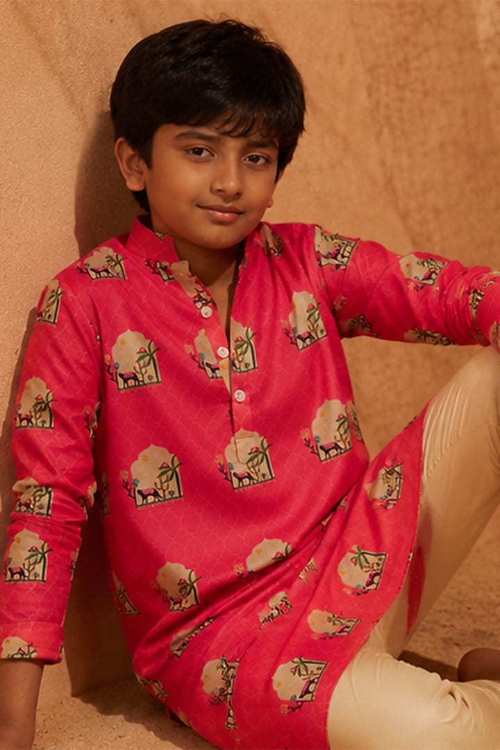 Pink Silk Printed Kurta Set For Boys by Eleven Brothers Kiids at Pernia's Pop Up Shop