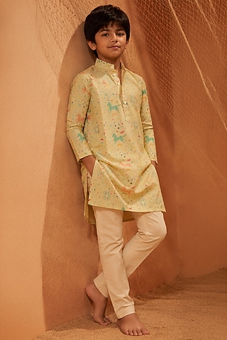 Light Green Silk Printed Kurta Set For Boys by Eleven Brothers Kiids