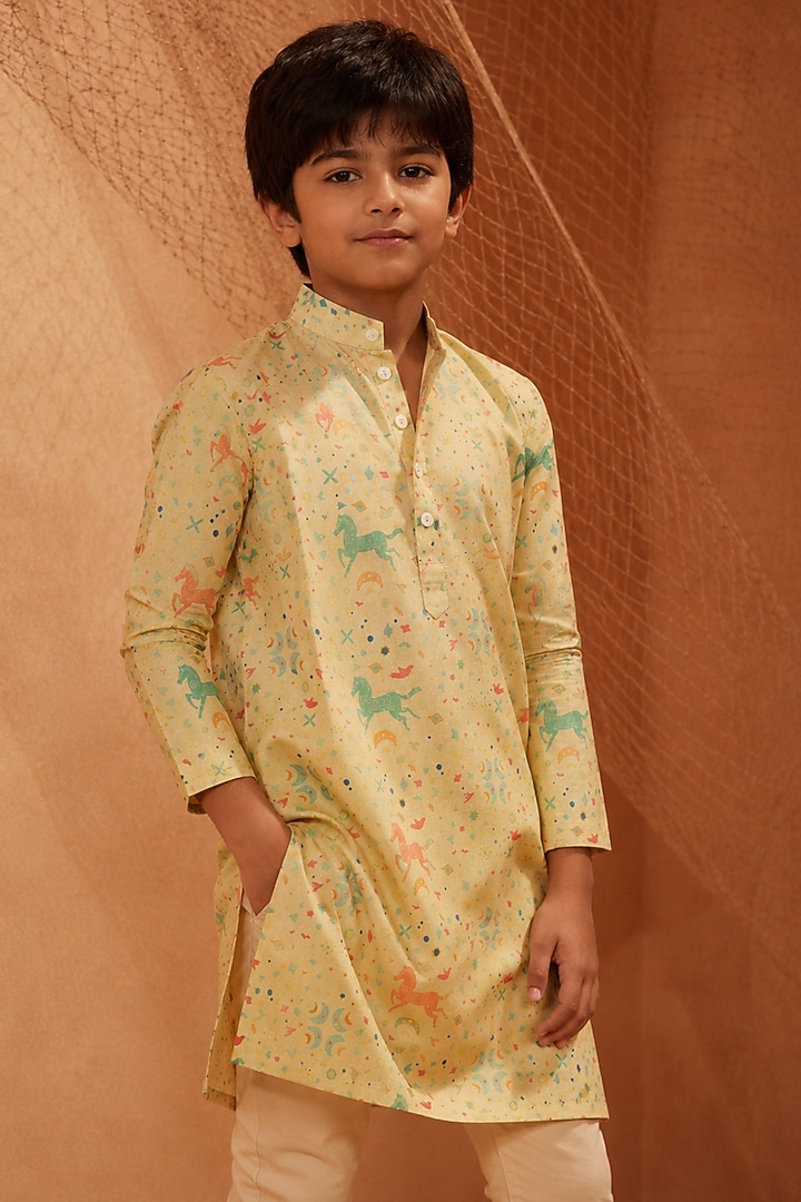Light Green Silk Printed Kurta Set For Boys by Eleven Brothers Kiids at Pernia's Pop Up Shop