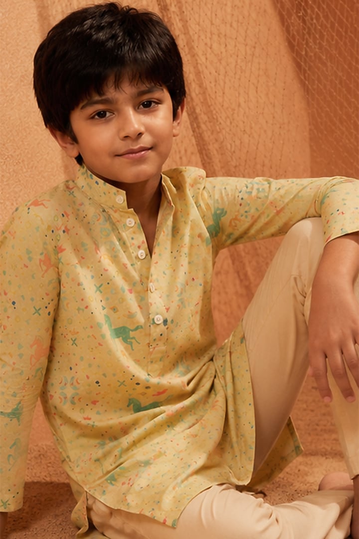 Light Green Silk Printed Kurta Set For Boys by Eleven Brothers Kiids at Pernia's Pop Up Shop