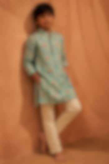 Lime Silk Printed Kurta Set For Boys by Eleven Brothers Kiids at Pernia's Pop Up Shop