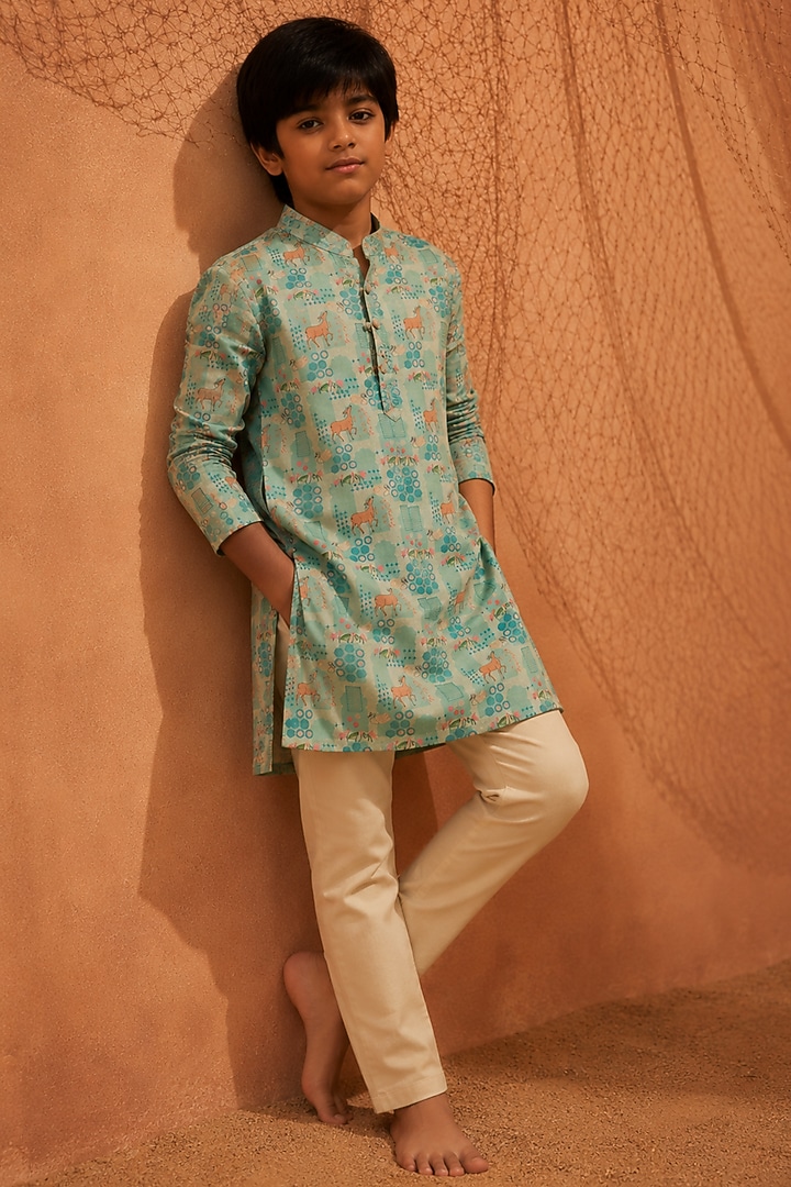 Lime Silk Printed Kurta Set For Boys by Eleven Brothers Kiids at Pernia's Pop Up Shop