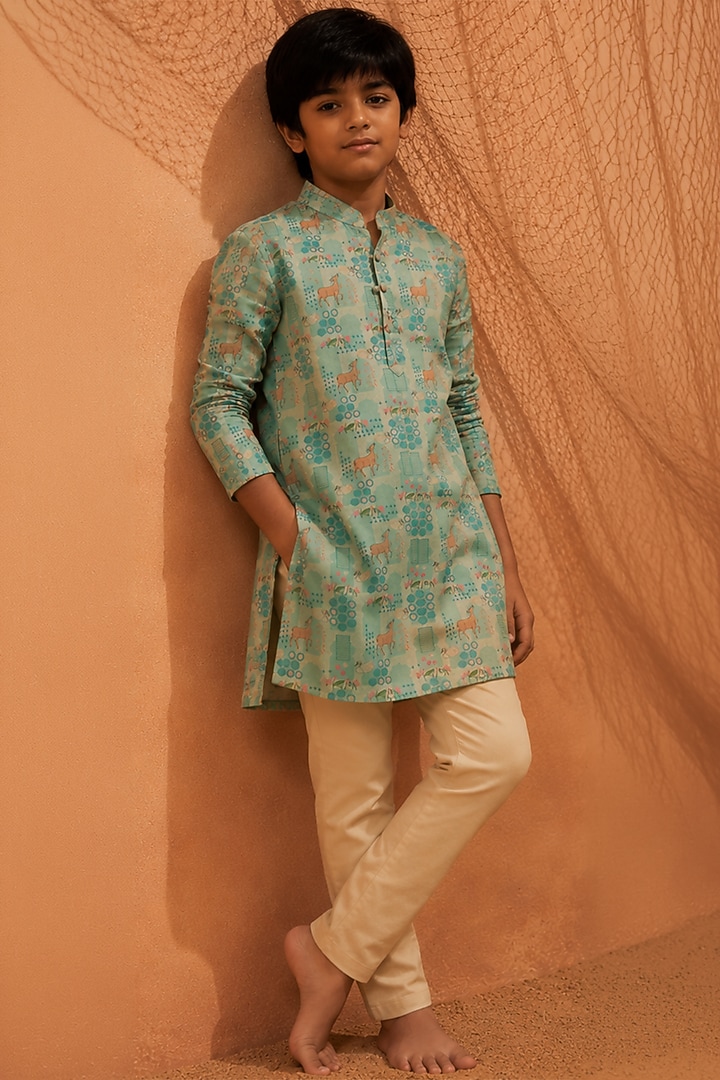 Lime Silk Printed Kurta Set For Boys by Eleven Brothers Kiids at Pernia's Pop Up Shop