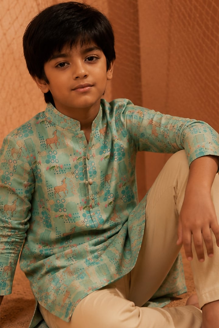 Lime Silk Printed Kurta Set For Boys by Eleven Brothers Kiids at Pernia's Pop Up Shop