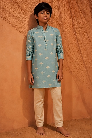 Light Blue Silk Printed Kurta Set For Boys by Eleven Brothers Kiids