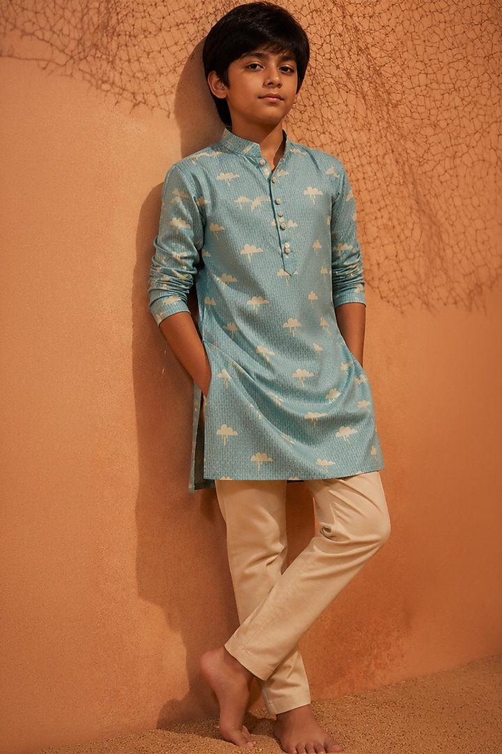 Light Blue Silk Printed Kurta Set For Boys by Eleven Brothers Kiids at Pernia's Pop Up Shop