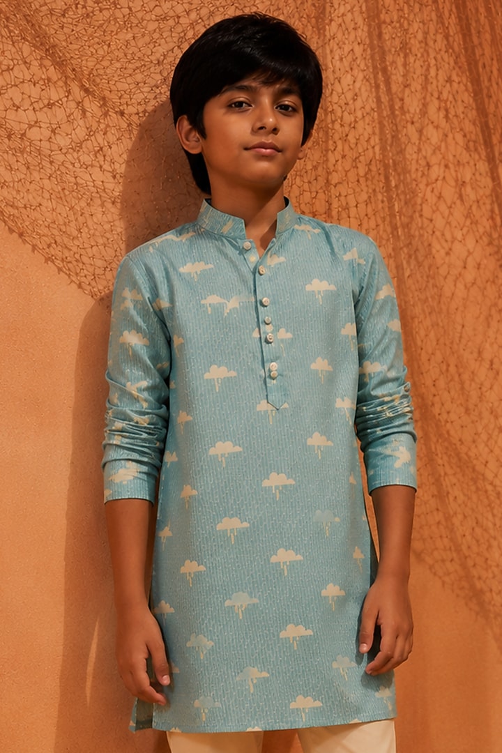 Light Blue Silk Printed Kurta Set For Boys by Eleven Brothers Kiids at Pernia's Pop Up Shop