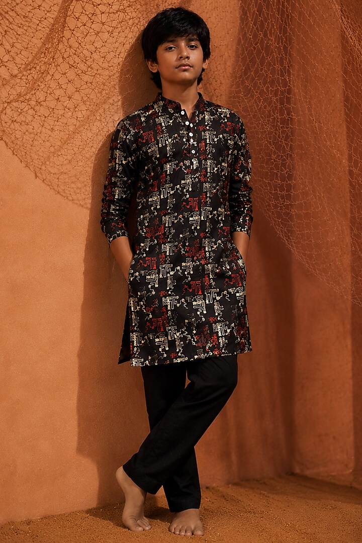 Black Silk Printed Kurta Set For Boys by Eleven Brothers Kiids at Pernia's Pop Up Shop