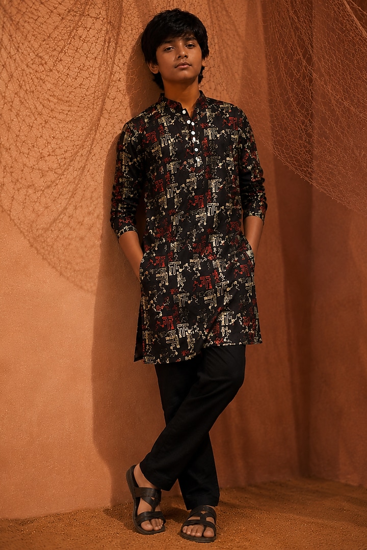 Black Silk Printed Kurta Set For Boys by Eleven Brothers Kiids at Pernia's Pop Up Shop