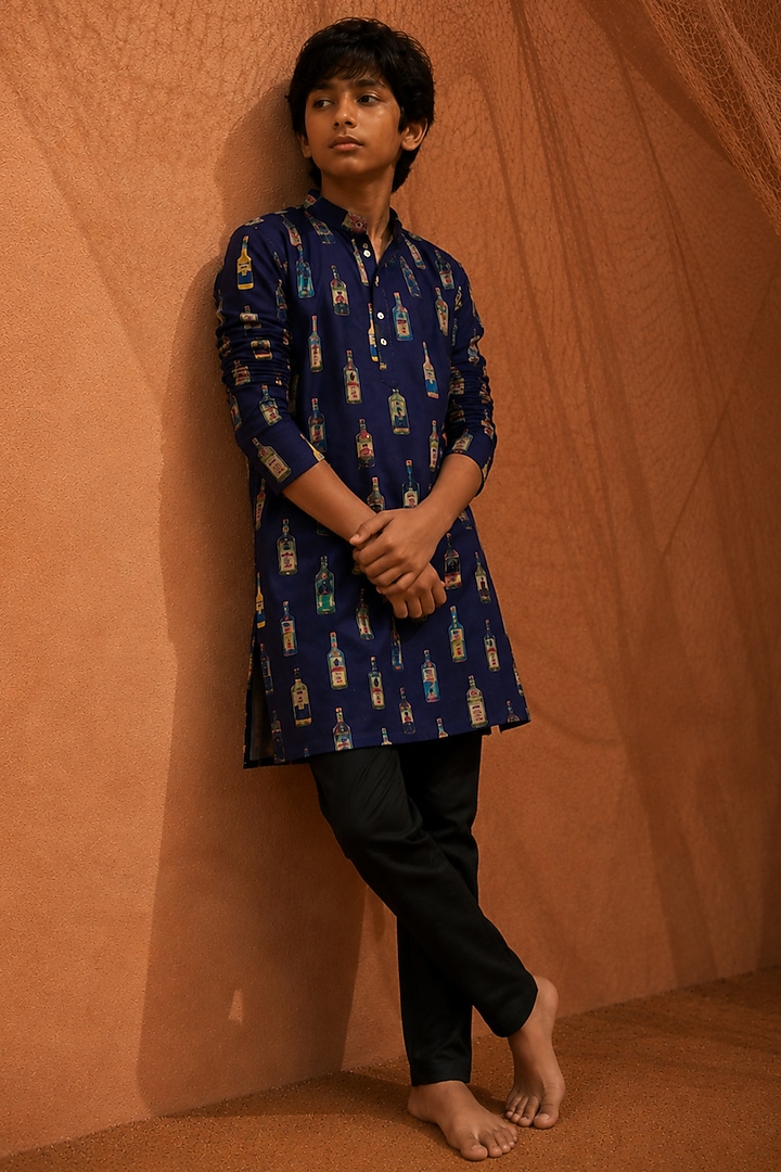 Violet Silk Printed Kurta Set For Boys by Eleven Brothers Kiids at Pernia's Pop Up Shop