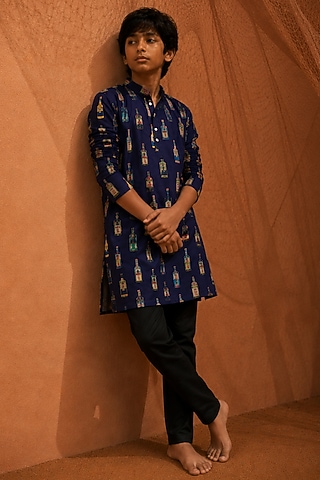 Violet Silk Printed Kurta Set For Boys by Eleven Brothers Kiids