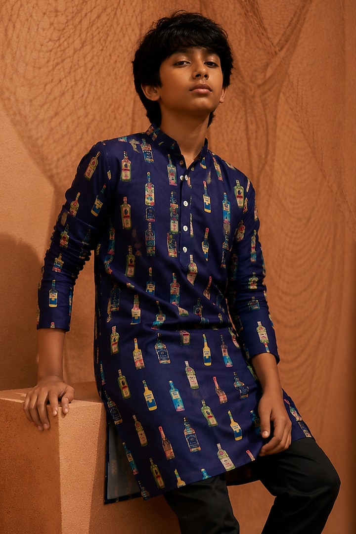 Violet Silk Printed Kurta Set For Boys by Eleven Brothers Kiids at Pernia's Pop Up Shop