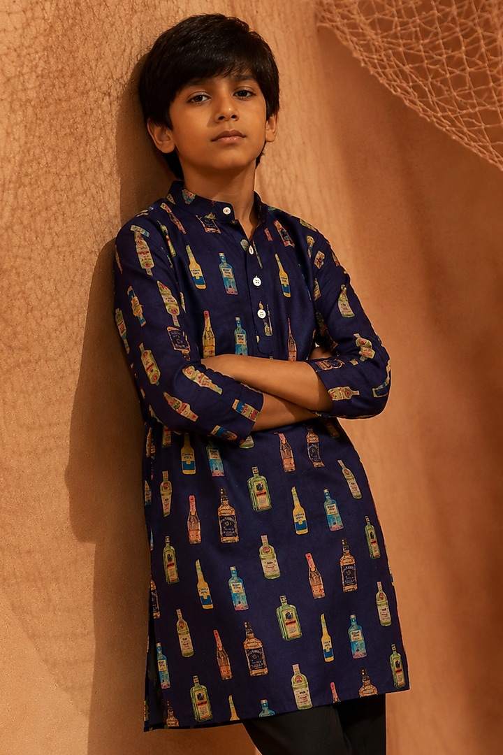 Violet Silk Printed Kurta Set For Boys by Eleven Brothers Kiids at Pernia's Pop Up Shop