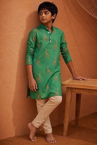 Green Silk Printed Kurta Set For Boys by Eleven Brothers Kiids