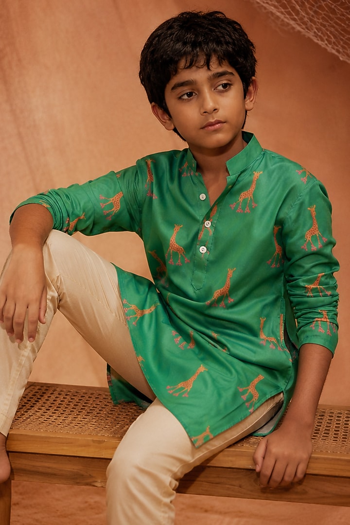 Green Silk Printed Kurta Set For Boys by Eleven Brothers Kiids at Pernia's Pop Up Shop