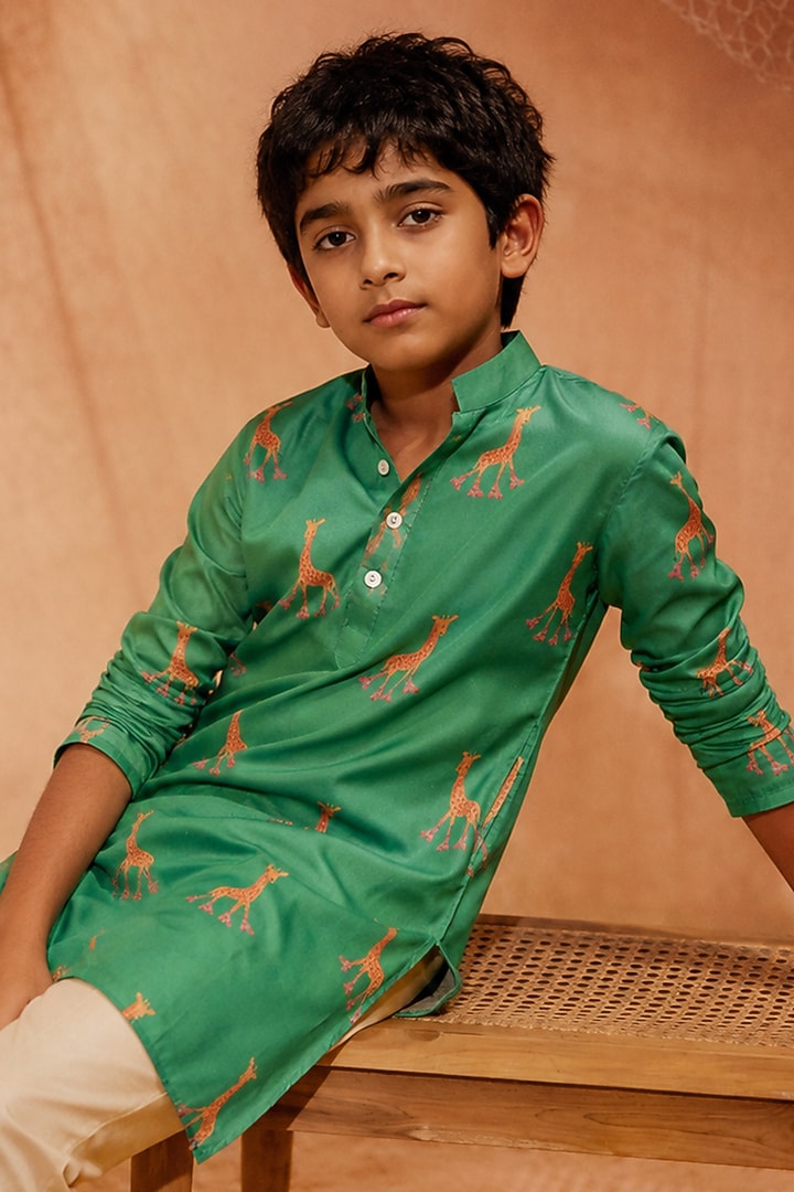 Green Silk Printed Kurta Set For Boys by Eleven Brothers Kiids at Pernia's Pop Up Shop