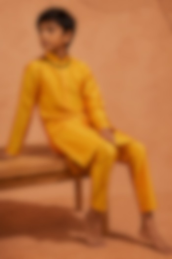 Orange Yellow Silk Printed Kurta Set For Boys by Eleven Brothers Kiids at Pernia's Pop Up Shop