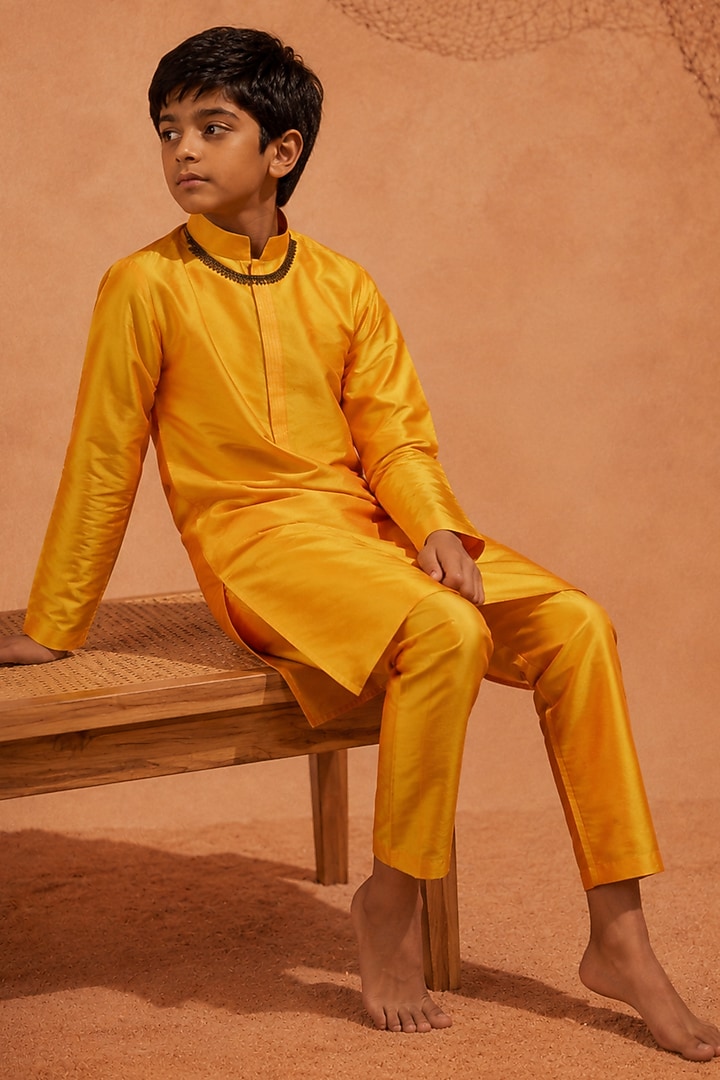 Orange Yellow Silk Printed Kurta Set For Boys by Eleven Brothers Kiids at Pernia's Pop Up Shop